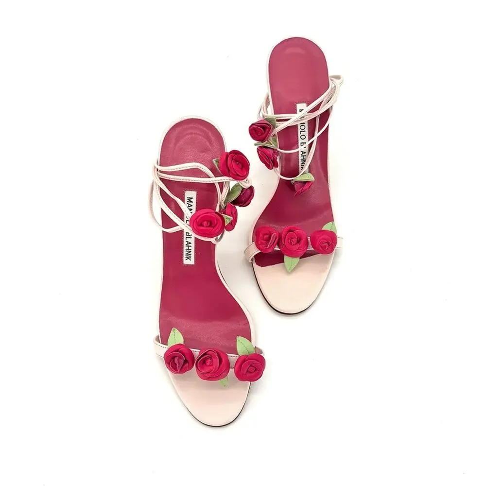 Manolo Blahnik Spring 2016 Xafiore Rose Ankle Strap Sandals 37 - Picture 5 of 14